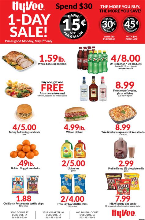 Hy vee hot deals monday - May 16, 2022 · Today only, shop $6.99 8 oz. boneless ribeye, 99¢ Hy-Vee butter, 2/$5 Dole salad or Caesar blends, and $1.88 Lay's or Kettle Cooked chips when you buy 3. Select varieties, limits apply. Valid May 16 only, while supplies last. 